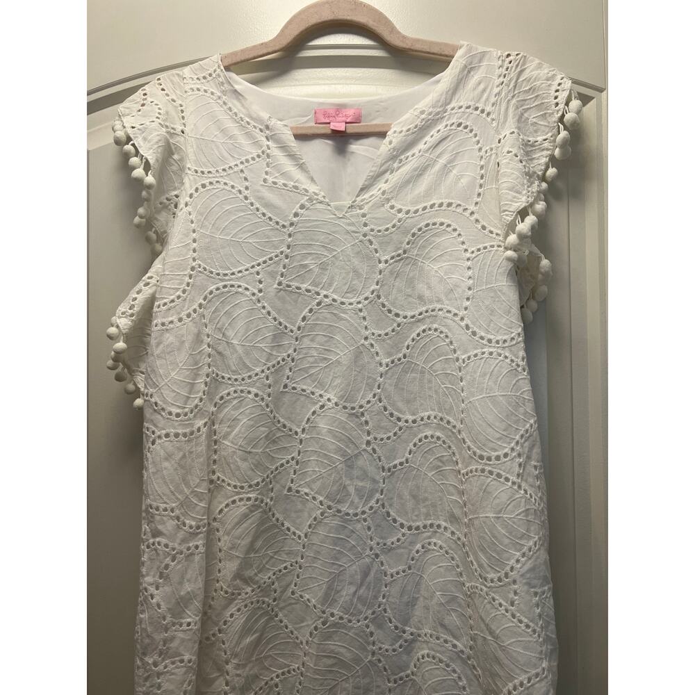 Lilly Pulitzer Women’s Astara Mini Shift Dress Leaf Eyelet Pom-Pom Size XS White - Picture 4 of 5